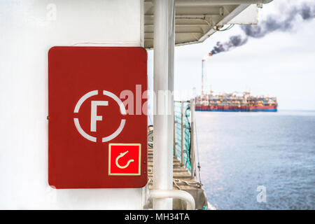 Fire prevention onboard vessel at sea. Fire cabinet with fire equipment Stock Photo