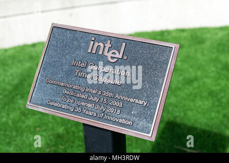 Santa Clara, California, USA -April 29, 2018: Intel Corporation Time Capsule Celebrating 35 Years of Innovation at the  Worldwide Corporate Headquarte Stock Photo