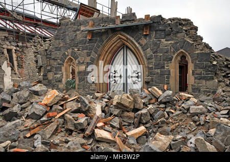 The front door is all that remains of this central city Church after a massive 7.1 richter scale earthquake in Christchurch, New Zeland. Stock Photo