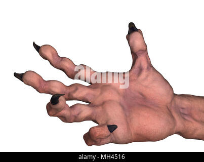 Clawed 3d monster hand model, over white Stock Photo