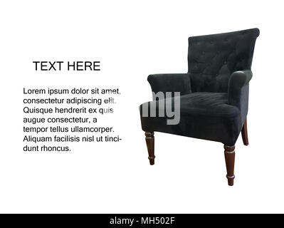Armchair style modern made of wood covered with black fabric isolated on white background with copy space. Clipping path in picture. Stock Photo