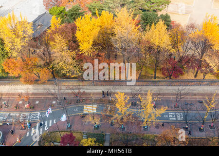 View of Seoul city and autumn in Deoksugung palace Stock Photo
