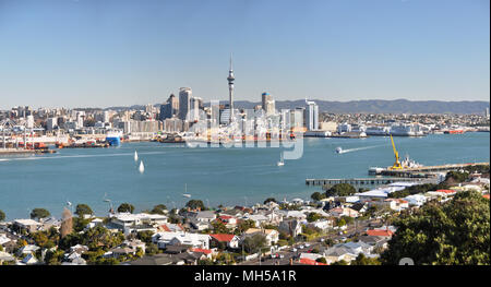 Panoramic view of the suburb of Devonport in the foreground and the Auckland Central Business District and Port are in the background. Ferries and yac Stock Photo