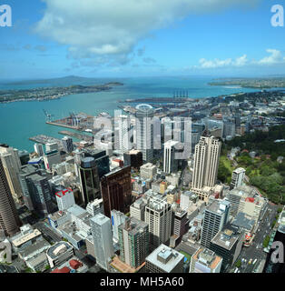 Auckland city & harbour vertical aerial panorama looking east to Rangitoto Island. In the foreground are the buildings of the Central business distric Stock Photo