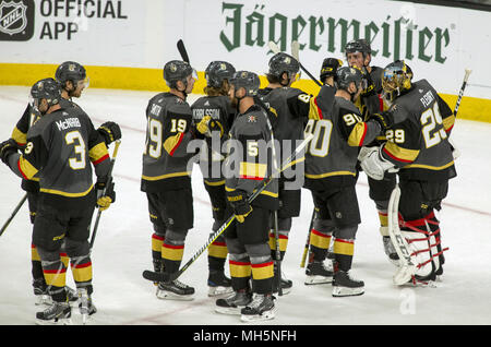 Las Vegas, Nevada, USA. 11th Apr, 2018. The Vegas Golden Knights begin to celebrate their win over the Los Angeles Kings 1-0 ending their first playoff game at the T-Mobile Arena on Wednesday, April 11, 2018, in Las Vegas. Credit: L.E. Baskow/ZUMA Wire/Alamy Live News Stock Photo