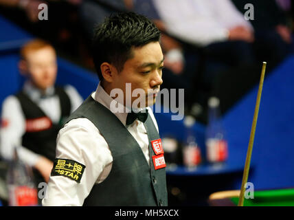 Sheffield, UK . 30th Apr, 2018. Ding Junhui of China reacts during the second round match with Anthony McGill of Scotland at the World Snooker Championship 2018 at the Crucible Theatre in Sheffield, UK , Britain on April 30, 2018. Ding Junhui won 13-4. Credit: Han Yan/Xinhua/Alamy Live News Stock Photo