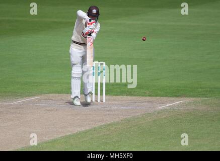 Manchester. UK. 30th April  2018  Mark Stoneman (Surrey) is beaten by Tom Bailey, but is out later for 29 caught by Dane Vilas off Bailey on the final day of the county championship match between Lancashire and Surrey. Credit: John Fryer/Alamy Live News Stock Photo