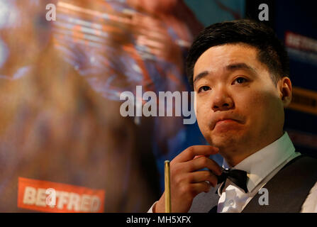 Sheffield, UK . 30th Apr, 2018. Ding Junhui of China reacts before the second round match with Anthony McGill of Scotland at the World Snooker Championship 2018 at the Crucible Theatre in Sheffield, UK , Britain on April 30, 2018. Credit: Han Yan/Xinhua/Alamy Live News Stock Photo