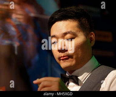 Sheffield, UK . 30th Apr, 2018. Ding Junhui of China reacts during the second round match with Anthony McGill of Scotland at the World Snooker Championship 2018 at the Crucible Theatre in Sheffield, UK , Britain on April 30, 2018. Ding Junhui won 13-4. Credit: Han Yan/Xinhua/Alamy Live News Stock Photo