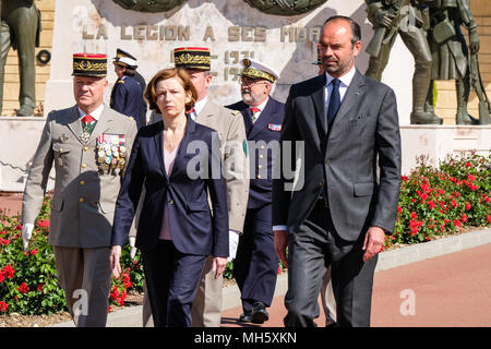 Aubagne, southern France. 30th April 2018. French Prime Minister Edouard Philippe, French Defence Minister Florence Parly and French General Jean-Pierre Bosser, Chief of Staff of the French land forces (chef d'etat-major de l'armee de terre, CEMAT), review pioneers from the French Foreign Legion (Legion etrangere), on April 30, 2018 in Aubagne, southern France, during a ceremony to commemorate the 155th anniversary of the legendary battle of Camaron (Mexico). Credit: Frédéric Marie/Alamy Live News Stock Photo