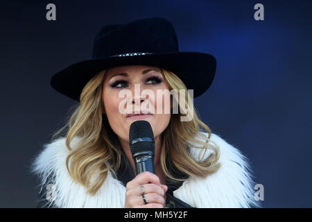 30 April 2018, Austria, Ischgl: The singer Helene Fischer performs on stage during a two-hour concert in front of 26.000 people at the so far biggest Top of the Mountain Closing concert at an altitude of 2320 metres at the Austrian skiing metropolis Ischgl. Never before have there been as many guests at the Idalp, in the centre of the skiing region, and celebrated with Europea's most successful singer a sunny season finale. Photo: Felix Hörhager/dpa Stock Photo