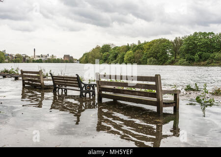 London, England, UK. 30 April, 2018.  Flooding near the former Stag Brewery at Mortlake, London. The Thames Tides website issued a flood alert today for some Thames Riverside properties today. Credit: Benjamin John/Alamy Live News Stock Photo