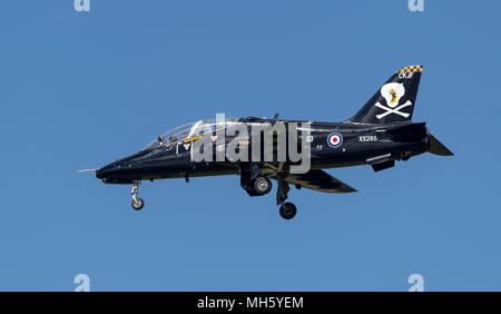 RNAS Culdrose, UK. 30th April, 2018. Perfect flying weather for the aircrew of this Royal Navy Hawk T1 jet. The jet is assigned to 736 Naval Air Squadron at RNAS Culdrose and seen here returning from a flight back to base Credit: Bob Sharples/Alamy Live News Stock Photo