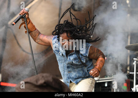 Sunrise FL, USA. 29th Apr, 2018. Lajon Witherspoon of Sevendust performs during Fort Rock at Markham Park on April 29, 2018 in Sunrise, Florida. Credit: Mpi04/Media Punch/Alamy Live News Stock Photo