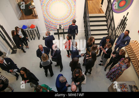 London UK 30 April 2018 Enrico Giacometti ,Great gran son of the great Alberto Giacometti presenting his work at the Linley gallery in London Belgravia together with Sonia Falcone ,the acclaimed Bolivian artist ,and evening attended by many guest @Paul Quezada-Neiman/Alamy Live News Stock Photo