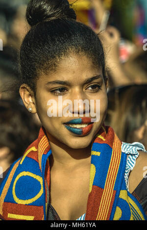 Barcelona, Spain. 30 April, 2018:  A painted 'cule' follows the FC Barcelona's open top bus victory parade after winning the LaLiga with their eighth double in the club history Credit: Matthias Oesterle/Alamy Live News Stock Photo