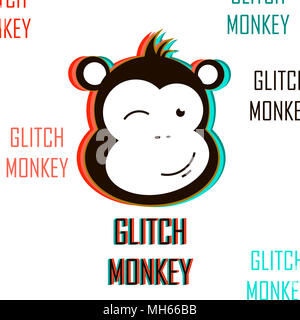 Cute winking monkey icon with glitch effect. Creative vector illustration. Stock Photo