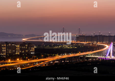 Night view of Incheon bridge in Incheon city, South Korea. Stock Photo