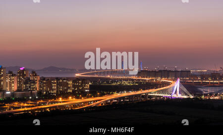 Night view of Incheon bridge in Incheon city, South Korea. Stock Photo