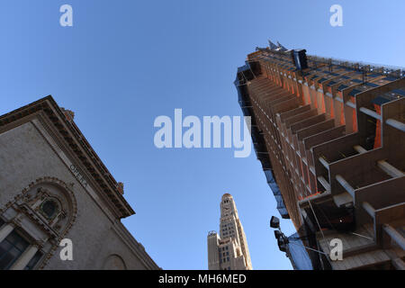 Construction of 300 Ashland Place, Brooklyn NY, 20 November, 2015.  Williamsburgh Savings Bank Tower in center,Peter Jay Sharp Building at left. Stock Photo