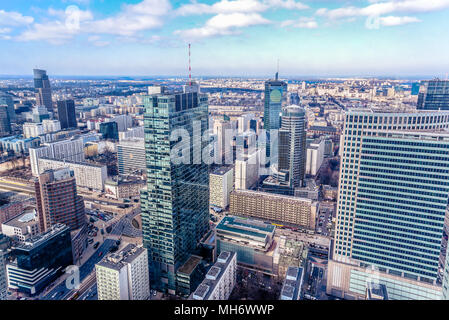Panoramic view at the modern architecture buildings in the city center of Warsaw in Poland. Stock Photo