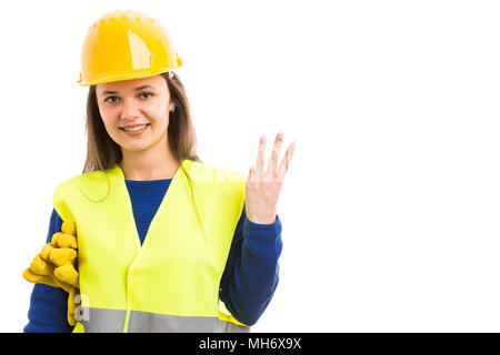 Young beautiful woman constructor showing number three with hand as builder sign concept isolated on white background Stock Photo