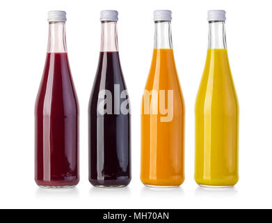 Juice  Glass Red Yellow Orange Violet Purple Bottle Jar On White Background Isolated. Stock Photo