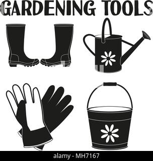 Garden watering 4 elements silhouette set. Garden tool vector illustration gift card certificate sticker, badge, label, icon, poster, patch, banner in Stock Vector