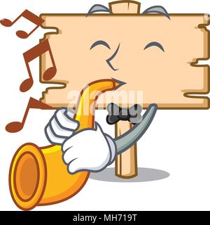 With trumpet wooden board mascot cartoon Stock Vector