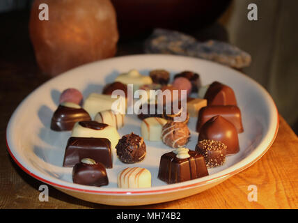 Chocolate pralines made of various chocolate types with filling arranged on a plate Stock Photo