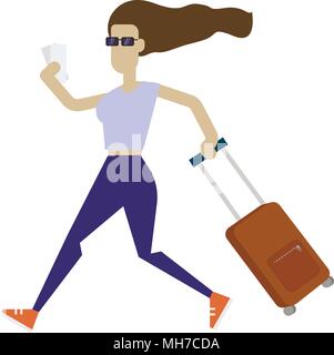 Young woman running with a suitcase. Stylish girl with a luggage bag. Traveling concept. Vector illustration in flat style Stock Vector