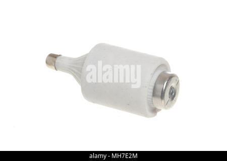 White cermaic electrical fuse 6A and 230V isolated on white background. Stock Photo