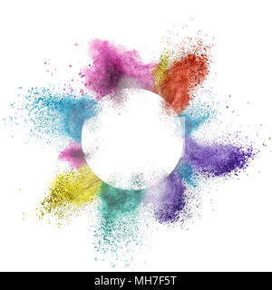 abstract multicolor powder splatted behind a round frame exploding on white background