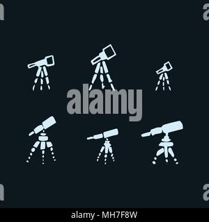 Vector set of hand drawing telescope. Sketch telescope on dark background Stock Vector