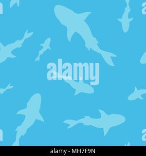 Vector seamless pattern of shark fish silhouette on blue background Stock Vector