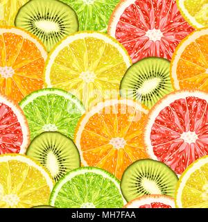 Vector seamless pattern from exotic tropical fruits slices. Lemon, grapefruit, orange, lime and kiwi slices background Stock Vector