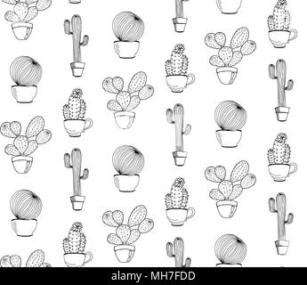 Vector cactus flower background. Seamless pattern with cactus in pot. Cartoon hand drawn cactus. Stock Vector