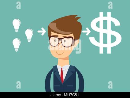 Successful Businessman with idea bulb get a lot of money. Business creativity concept. Stock Vector