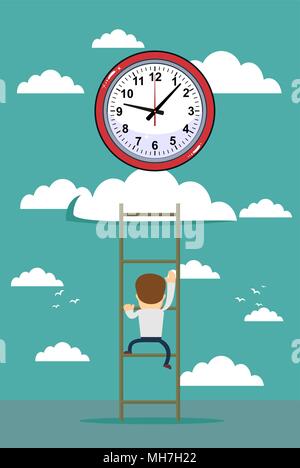 oncept of clock time symbol icon on cloud with wooden ladder Stock Vector