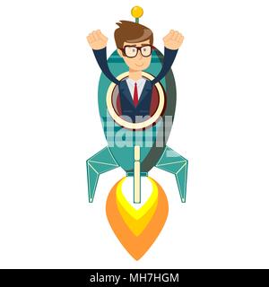 Happy businessman on a rocket ship launch Stock Vector