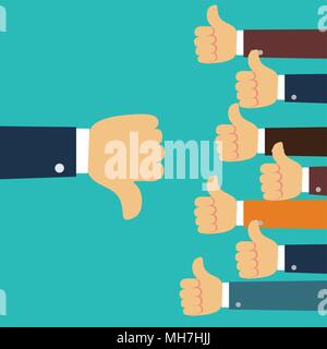 many hands with thumbs up but get one dislike feedback from the boss or customer Stock Vector