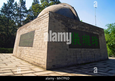 Historical Chinese astronomical instrument in the ornamental garden of the Beijing Ancient Observatory in Beijing, China. Stock Photo