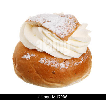 One Swedish Semla, also called Shrove Bun, fettisdagsbulle, consists of light wheat bread with almond paste and whipped cream filling. Serve it with h Stock Photo