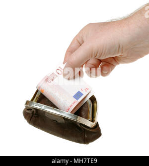 A human hand holding a ten euro bank note in a brown purse, isolated on white background. Stock Photo