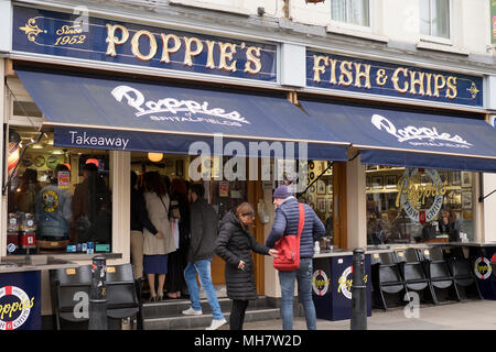 Poppies fish and chip shop in Old Compton Street, Soho, London, England ...