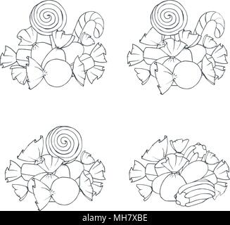 Hand drawn vector set of marshmallow and wrapped candies piles contours isolated on the white background. Decoration with sweets outline. Stock Vector