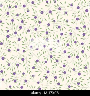 Hand drawn vector floral seamless pattern with branches, leaves and blueberries on the beige background.  Cute simple decoration with plants and purpl Stock Vector