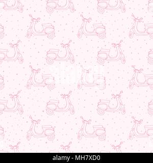 Hand drawn vector seamless pattern with retro scooters contours on the polka dot background. Vintage  design. Stock Vector