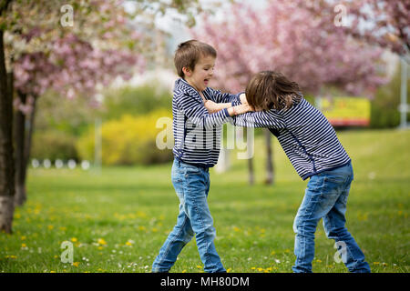 Two children, brothers, fighting in a park, springtime Stock Photo - Alamy