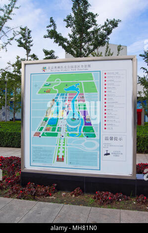 A map of the Olympic Park in Beijing, China, showing the Bird’s Nest stadium and ornamental lake. Stock Photo